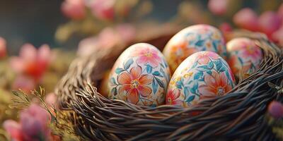 Colorful decorative eggs nestled in a wicker nest surrounded by vibrant flowers during springtime photo