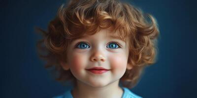 Bright-eyed child with curly red hair smiles against a deep blue background in a warm, inviting portrait photo