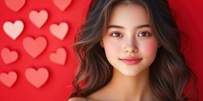 Young woman with glossy hair smiling against a red backdrop adorned with heart shapes in a cheerful setting photo
