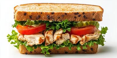 Delicious sandwich with grilled chicken, fresh lettuce, tomatoes, and pickles on whole grain bread photo