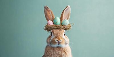 Cute rabbit wearing a nest with colorful Easter eggs on its head in a light blue setting photo