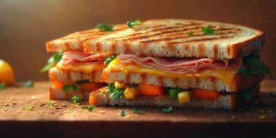 Delicious grilled sandwich stacked with layers of ham, cheese, and fresh vegetables on a rustic wooden table photo