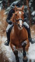 Horse and rider moving swiftly through snow-covered forest during winter photo