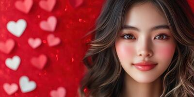 Young woman smiles with heart decorations in the background during a festive celebration of love and friendship photo
