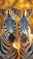 Zebras stand close together in golden light during a serene evening in the African savanna photo