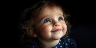 Smiling toddler with bright blue eyes gazes upward in a dark setting, radiating joy and innocence photo