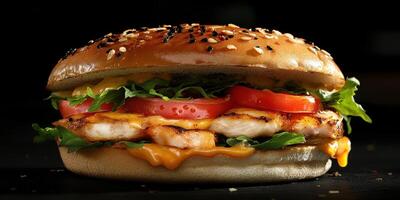 Grilled chicken burger with cheddar cheese, fresh lettuce, and tomatoes served on a sesame seed bun photo