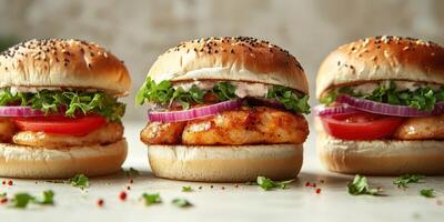 Juicy grilled chicken sandwiches with fresh toppings on a light background at a casual dining setup photo