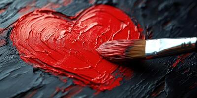 Heart painted in vibrant red against a textured black background with a brush creating beautiful art photo