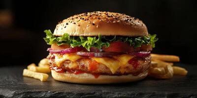 Juicy burger with fresh ingredients served alongside crispy fries on a dark background photo