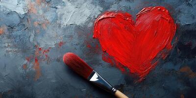 Heart painted in vibrant red with brush on textured gray background photo