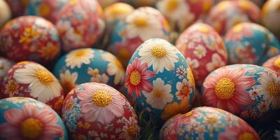 Vibrant decorated Easter eggs in a colorful display with floral patterns captured during spring celebrations photo