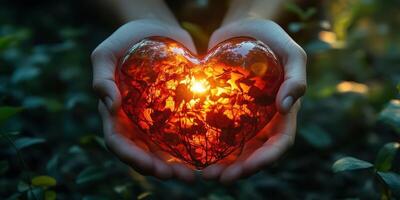 Holding a glowing heart-shaped object among green foliage during golden hour light photo