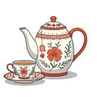 A tea pot and cup with flowers on a white background vector