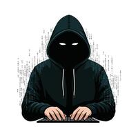 Anonymous hacker in hoodie, using computer keyboard vector