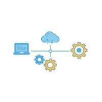 A cloud, laptop and gears connected to each other vector