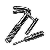 A black and white drawing of a tool and a screwdriver vector