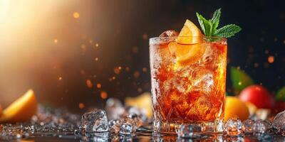 Refreshing citrus drink with ice and mint garnished in a glass on a dark background photo