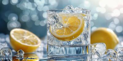 Refreshing glass of lemonade with ice and lemon slices in bright summer light photo