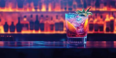 Refreshing cocktail with citrus garnishes sits on bar surrounded by colorful backlighting in a lively atmosphere photo