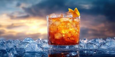 Refreshing cocktail served on ice with a stunning sunset backdrop in a tranquil setting photo