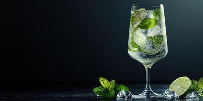 Refreshing cocktail with mint and lime served in a tall glass against a dark background photo