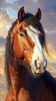 Beautiful brown horse with flowing mane against a soft colorful sunset sky photo