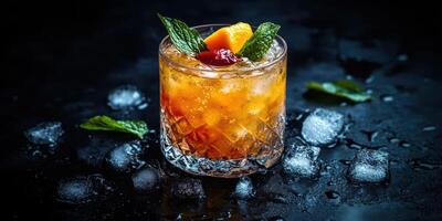 Refreshing cocktail garnished with mint and fruit served on a dark surface photo