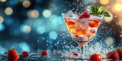 Refreshing cocktail with fresh strawberries and mint splashing in vibrant background photo