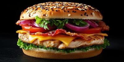 Delicious grilled chicken sandwich with fresh toppings served on a sesame seed bun photo