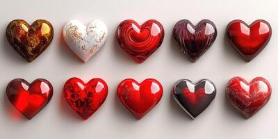 Unique decorative heart shapes in various colors and patterns displayed on a neutral background photo