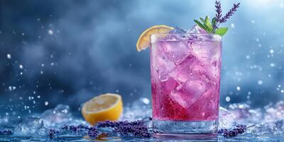 Delicious lavender lemonade cocktail with ice and lemon slices on a vibrant blue background photo
