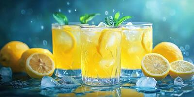 Refreshing lemonade served in glasses with ice and garnished with mint leaves in a bright setting photo