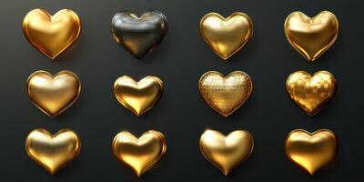 Unique collection of golden hearts in various textures and shapes displayed on a dark background showcasing creativity in design photo