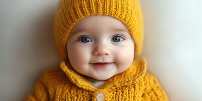 Adorable baby smiling in cozy yellow knit sweater and hat during autumn indoors photo
