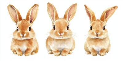 Three adorable brown rabbits sitting side by side in a light, neutral background photo