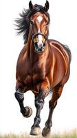Majestic brown horse galloping gracefully across an open field on a sunny day photo