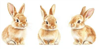 Three adorable rabbits sitting in a row displaying their fluffy coats and playful expressions in a gentle light photo