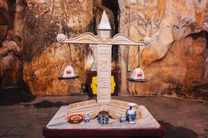 An altar inside a temple in the Marble Mountains in Da Nang. photo