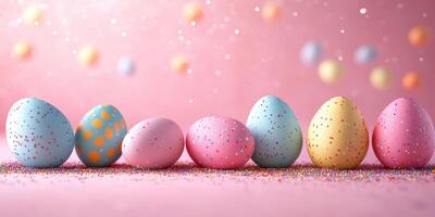 Colorful decorated eggs arranged on a pink background during spring festivities, showcasing various playful designs and vibrant colors photo