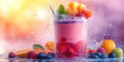 Refreshing fruit smoothie with vibrant colors and splashes served in a clear glass on a sunny day photo