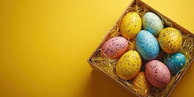 Colorful Easter eggs in a wooden box with straw on a vibrant yellow background for festive celebration photo