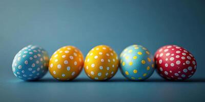 Colorful polka dot Easter eggs arranged in a row on a blue background for a festive spring celebration photo