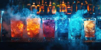 Colorful cocktails lined up at a vibrant bar illuminated by neon lights in the evening photo