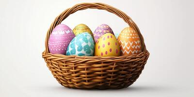 Colorful Easter eggs in a woven basket arranged for the spring celebration photo