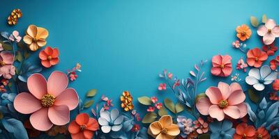 Vibrant floral arrangement with colorful flowers and lush greenery against a blue background photo
