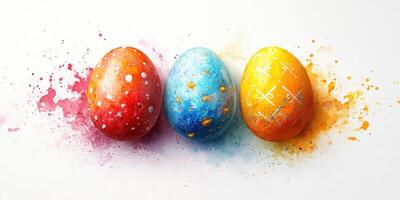 Colorful hand-painted Easter eggs on a vibrant artistic background with splashes of paint photo