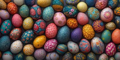 Colorful collection of decorated eggs for celebration displayed in an artistic arrangement photo