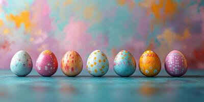 Colorful Easter eggs arranged neatly on a vibrant background showcasing spring festivities and creativity photo