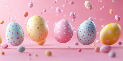 Colorful decorated eggs floating above a pink background during an Easter celebration activity photo